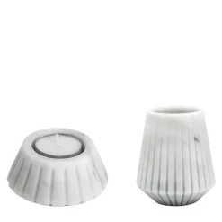 Set vaso basso in marmo bianco di Carrara e portacandele