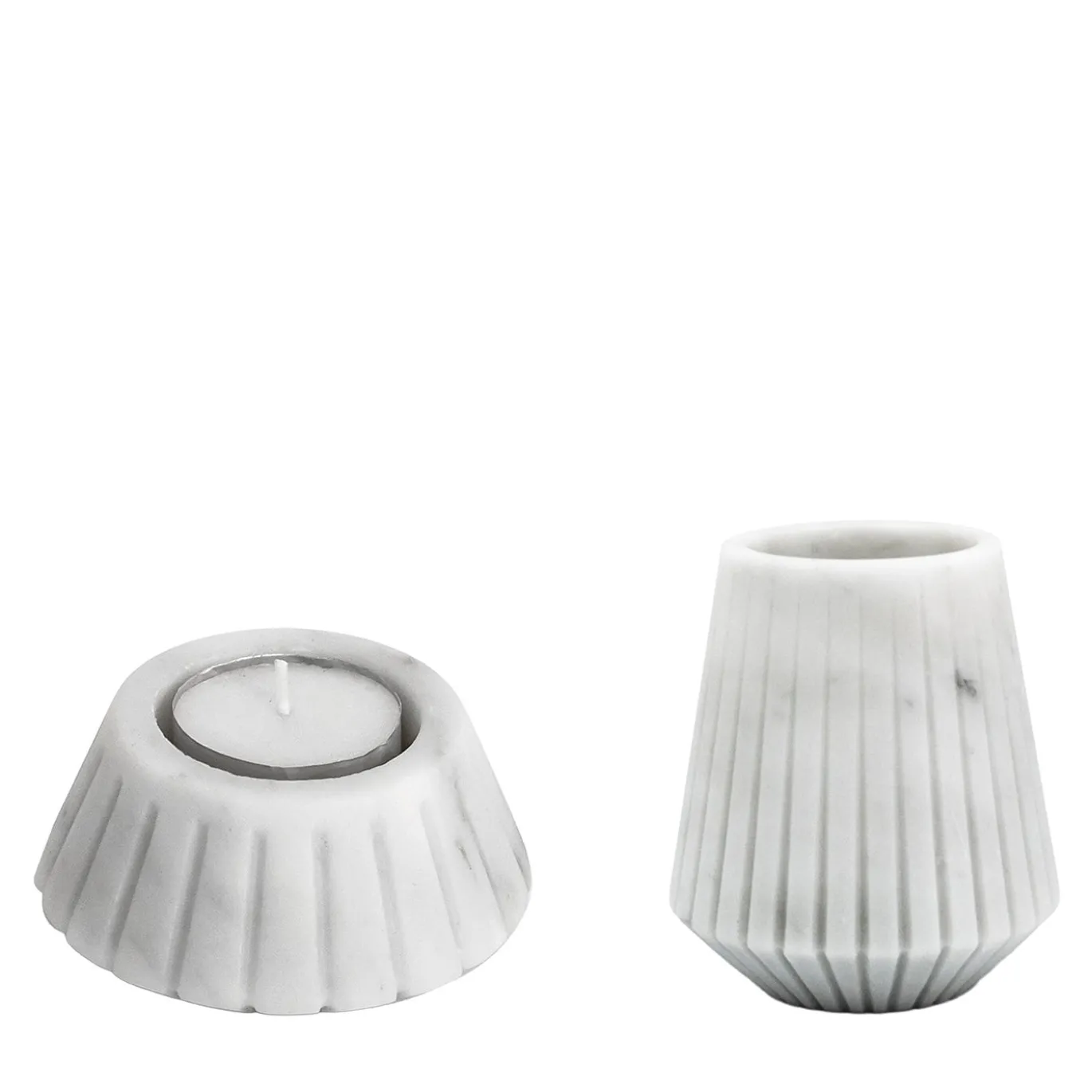 Set vaso basso in marmo bianco di Carrara e portacandele