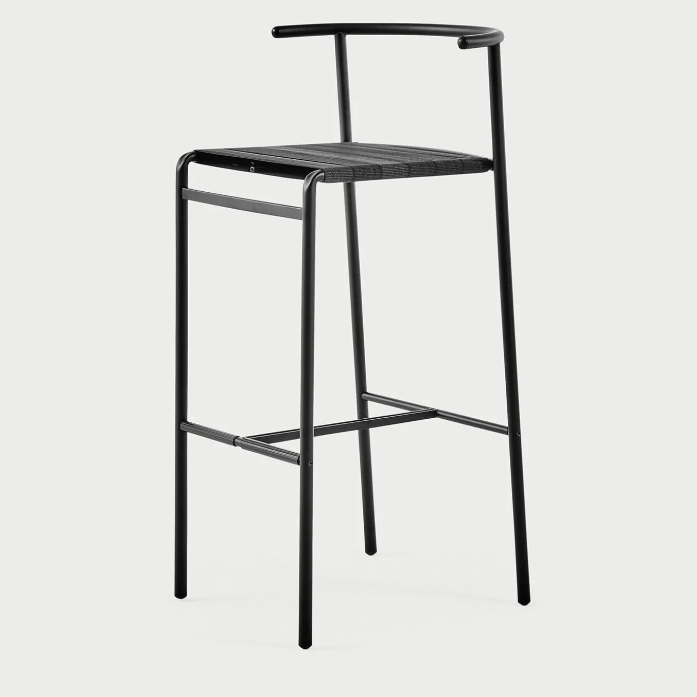 Sgabello da bar nero Café con sedile in cinghie di gomma nere