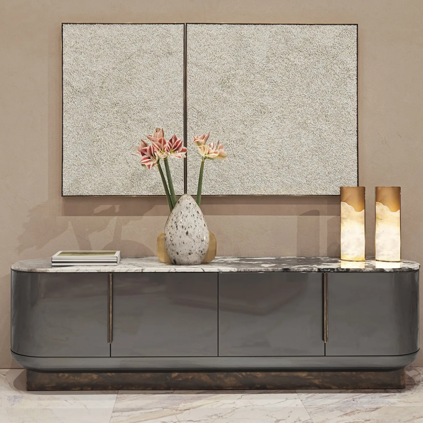 Siona Sideboard in Legno Laccato Grigio e Piano in Marmo