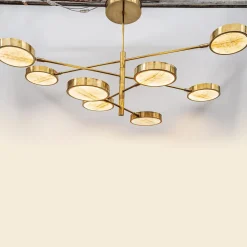 Sistema Solare, lampadario a 6 bracci in ottone e onice