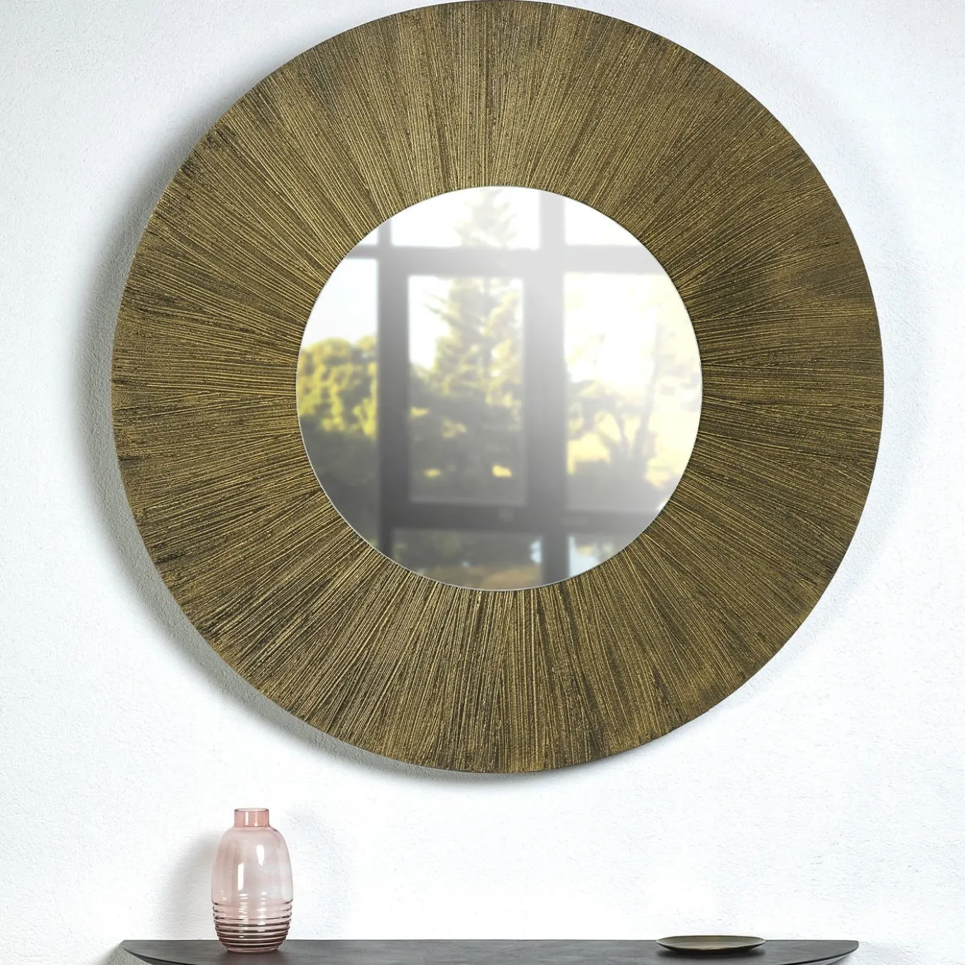 Sole Specchio Tondo Luminoso Decorato Con Resina Spazzolata A Raggiera Color Oro E Bronzo