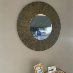 Sole Specchio Tondo Luminoso Decorato Con Resina Spazzolata A Raggiera Color Oro E Bronzo