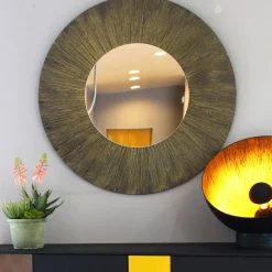 Sole Specchio Tondo Luminoso Decorato Con Resina Spazzolata A Raggiera Color Oro E Bronzo