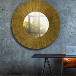 Sole Specchio Tondo Luminoso Decorato Con Resina Spazzolata A Raggiera Color Oro E Bronzo
