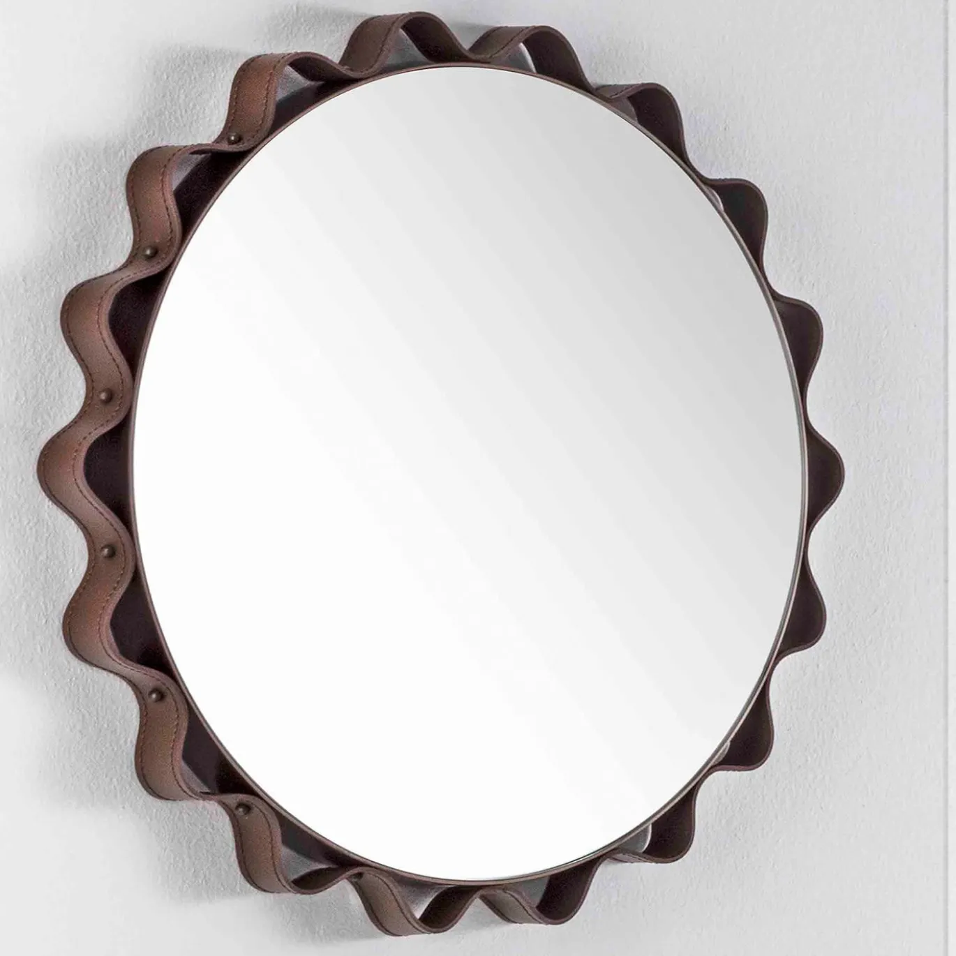 Specchio da Parete Glimt Rotondo in Pelle Marrone