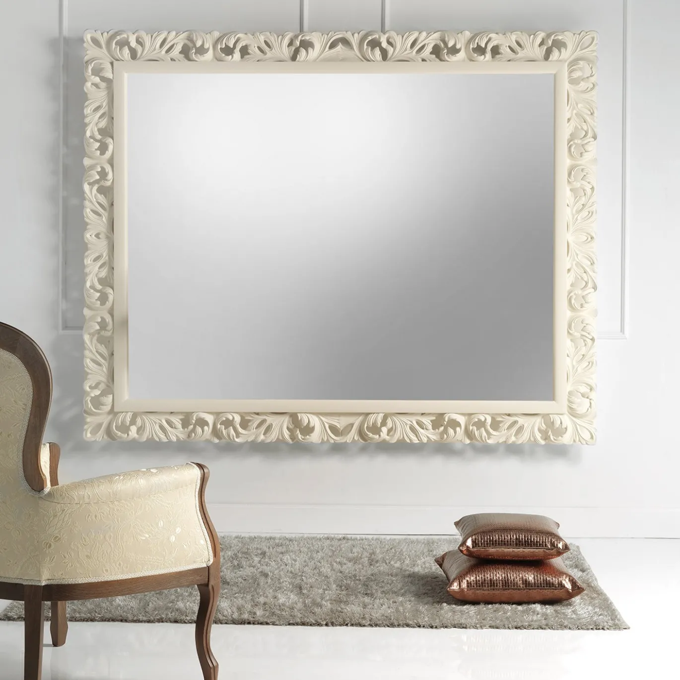 Specchio da parete grande rettangolare Regency bianco crema