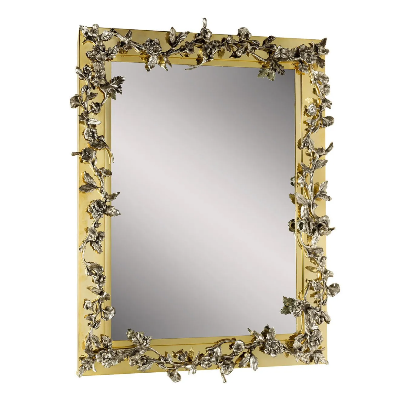 Specchio da parete rettangolare Palmira in ottone con fiori in bronzo