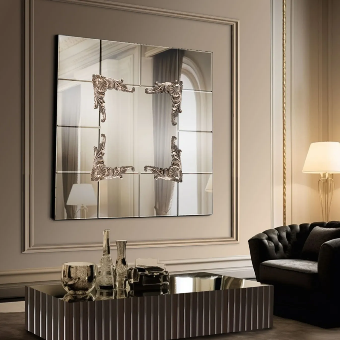 Specchio quadrato Checked in foglia d'argento Deco-Style
