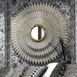 Specchio Sole con Cornice Rotonda in Foglia d'Argento e Oro