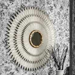Specchio Sole con Cornice Rotonda in Foglia d'Argento e Oro