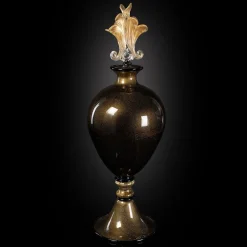 Stmat Vaso con piede in nero e oro 24K con coperchio