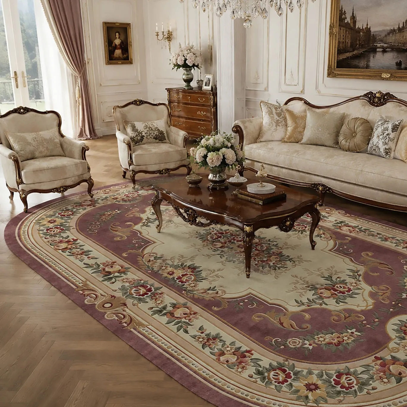 Tappeto ovale Aubusson Garden in seta di bambù