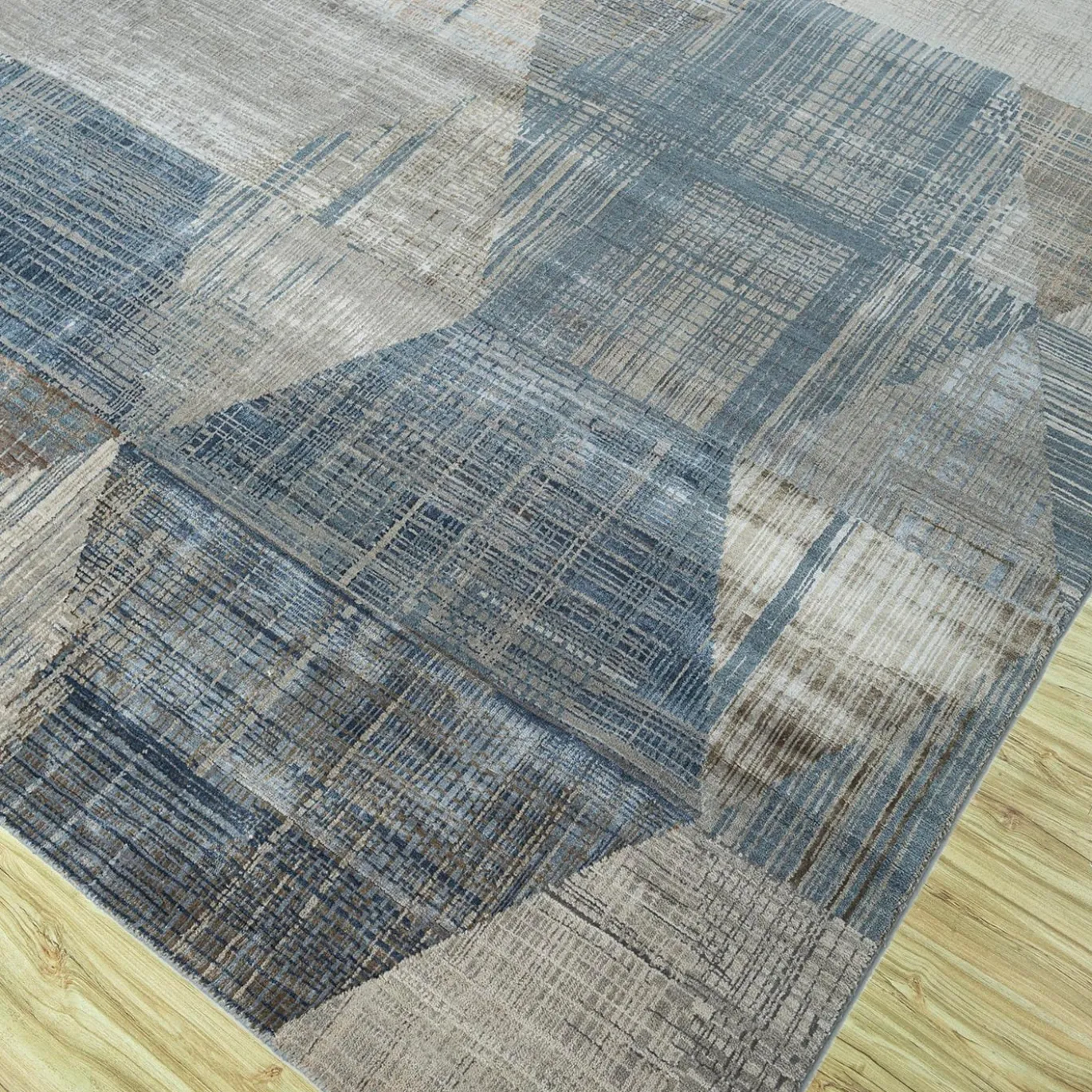 Tappeto Tuftato a Mano Symmetrical Waves Skyline Blu e Grigio Classico