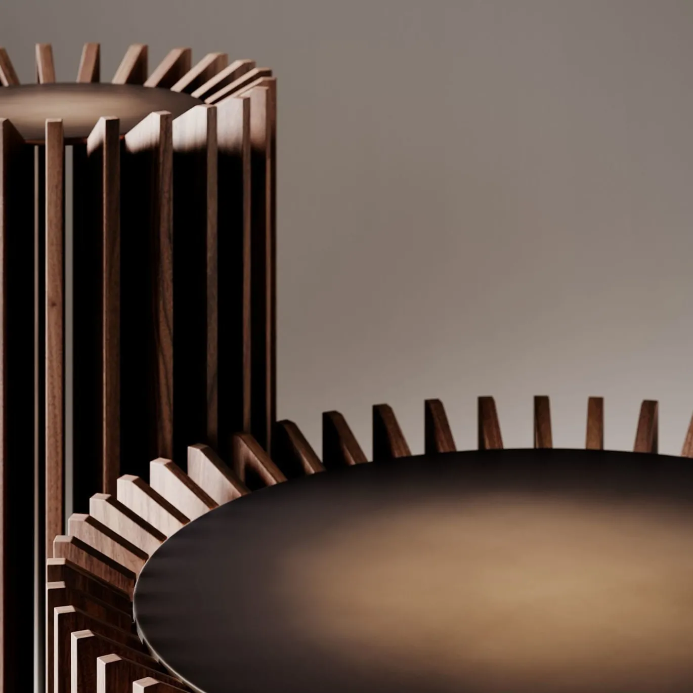 Tavolino Blade in legno canaletto e piano in metallo brunito