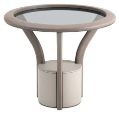 Tavolino Chanterelle rotondo con top in vetro fumé e base in pelle