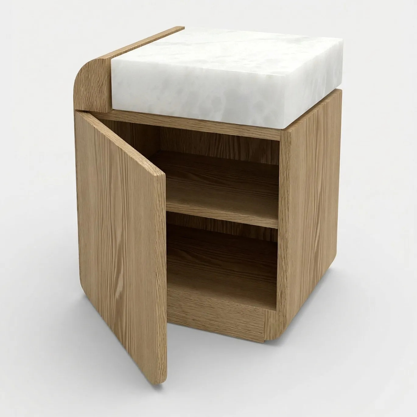 Tavolino contenitore Amo in rovere con top in onice bianco