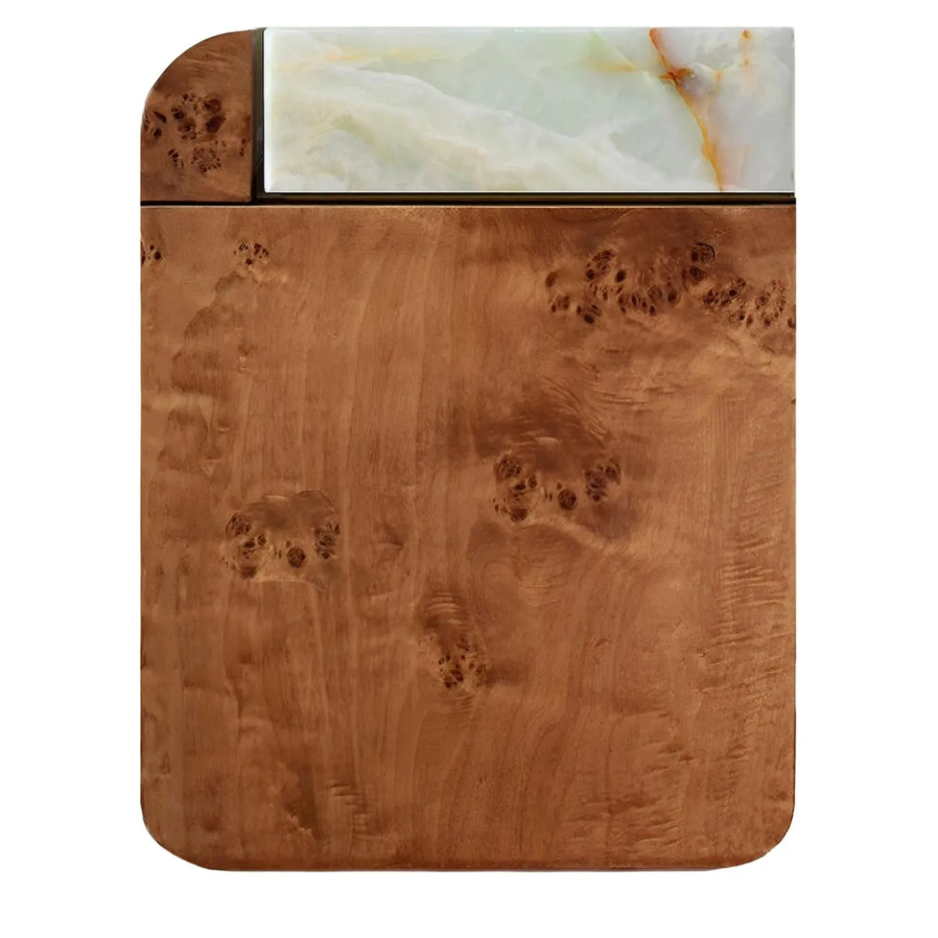 Tavolino contenitore in legno di radica con top in onice verde