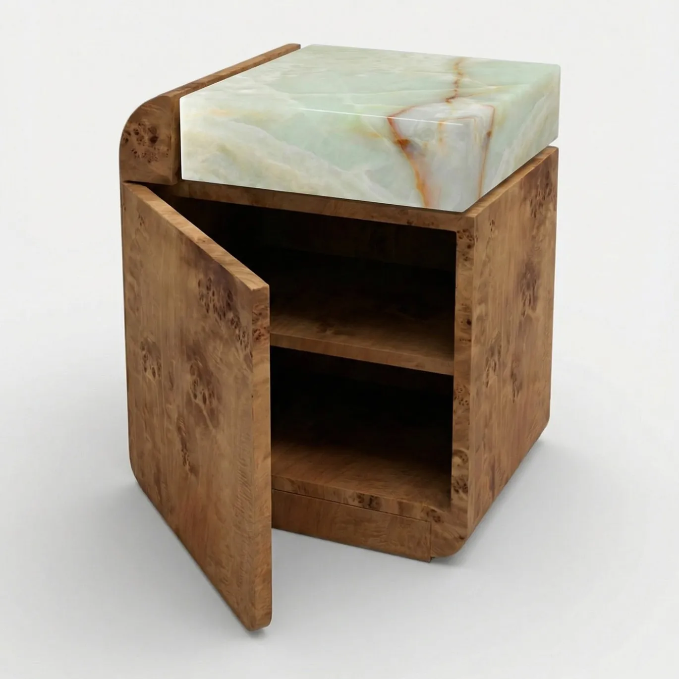 Tavolino contenitore in legno di radica con top in onice verde