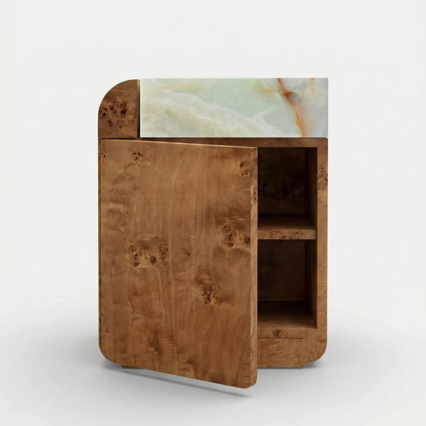 Tavolino contenitore in legno di radica con top in onice verde