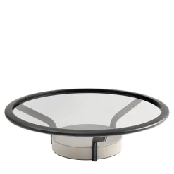 Tavolino da caffè grande Chanterelle rotondo con piano in vetro fumé e base in pelle