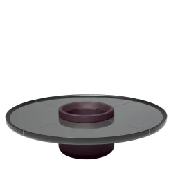 Tavolino da caffè in legno di frassino grigio con base in pelle e inserti in vetro