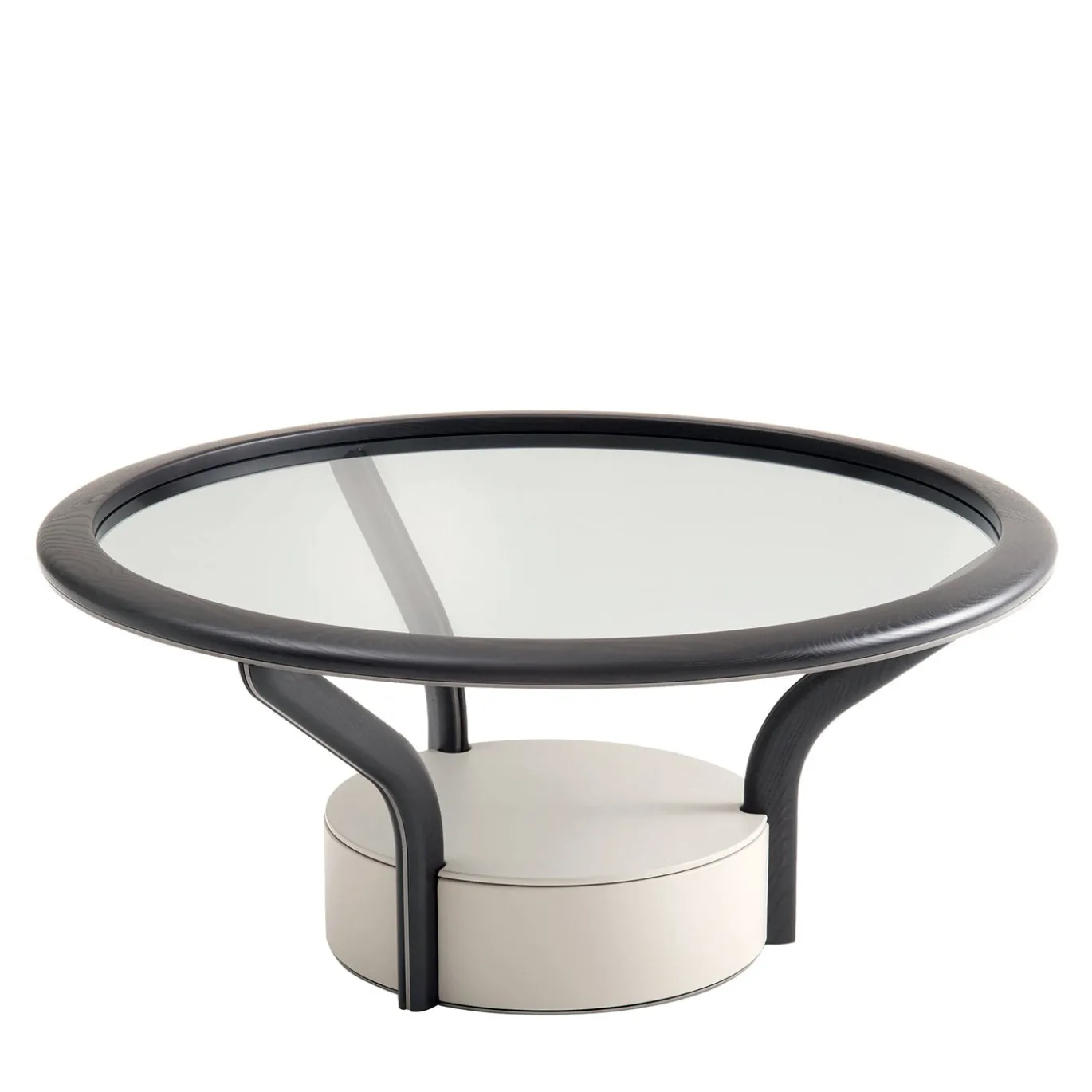 Tavolino da caffè medio Chanterelle con piano in vetro fumé rotondo e base in pelle