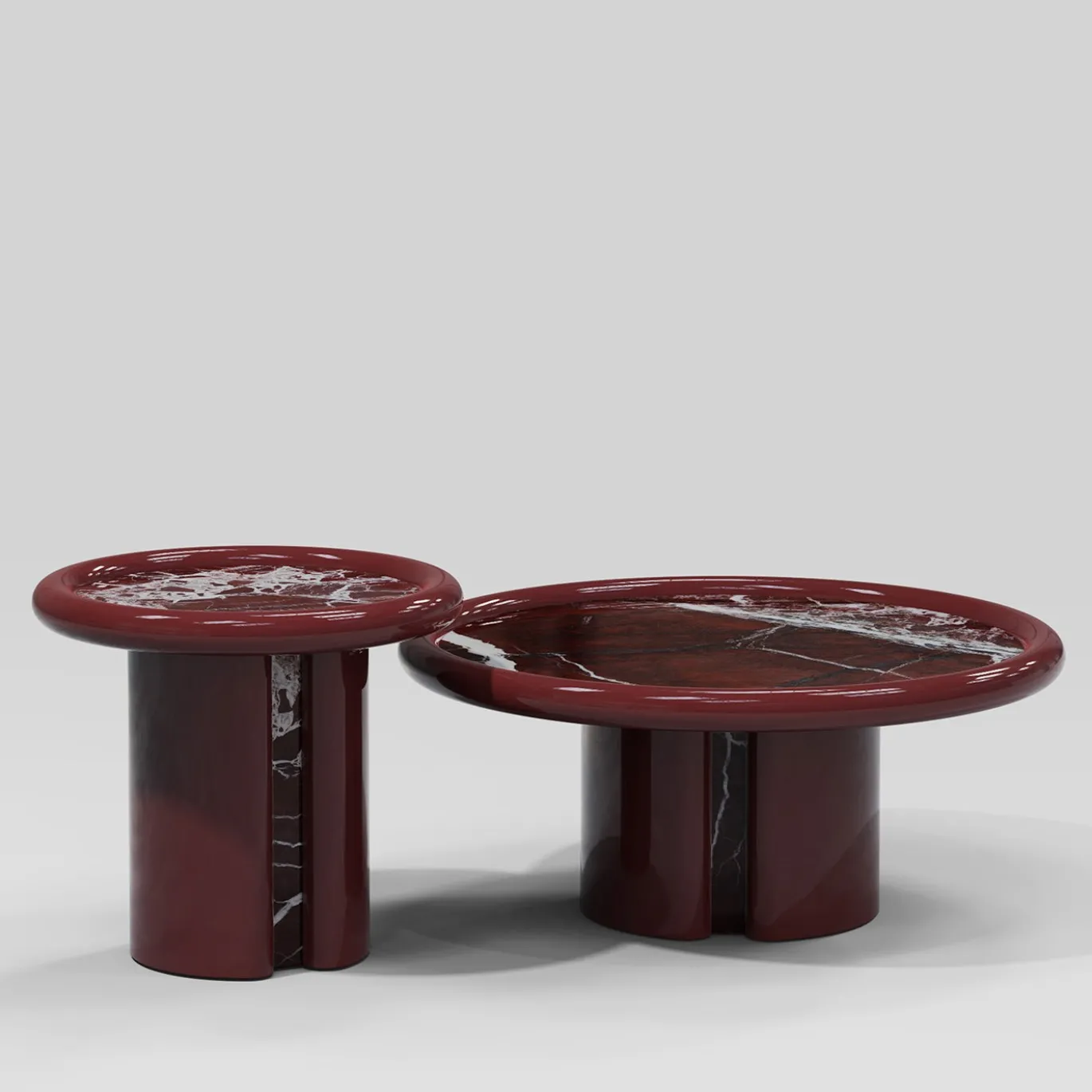 Tavolino da caffè Moonrise rotondo in marmo Rosso Levanto e legno bordeaux lucido di Artefatto Design Studio