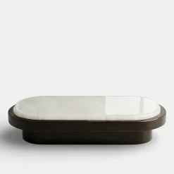 Tavolino da caffè ovale in noce Mirage con top in onice bianco