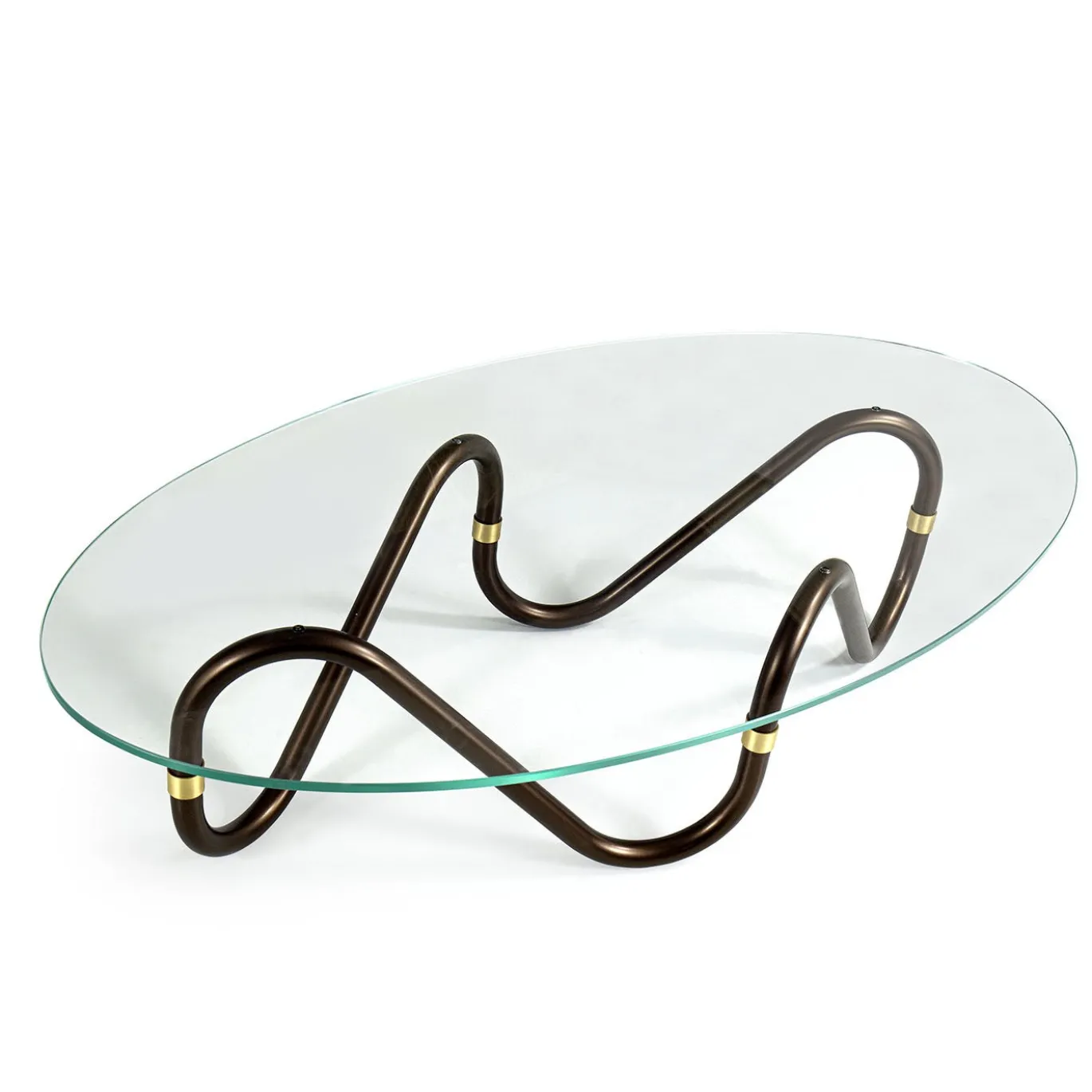 Tavolino da caffè ovale sinusoidale Flow con piano in vetro Extra Clear