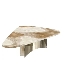 Tavolino da caffè Silas con piano in marmo beige e struttura in metallo dorato