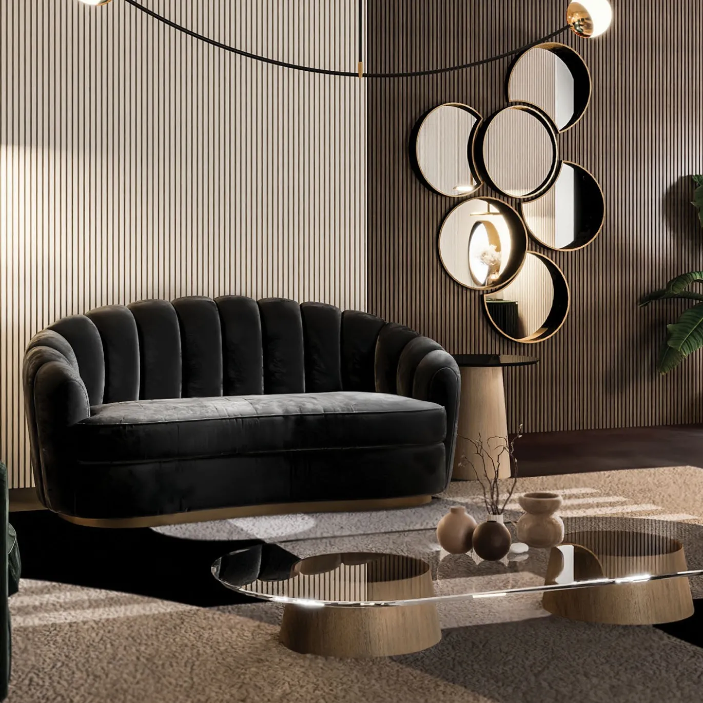Tavolino da caffè Tholos Beige con piano in Gres Nero