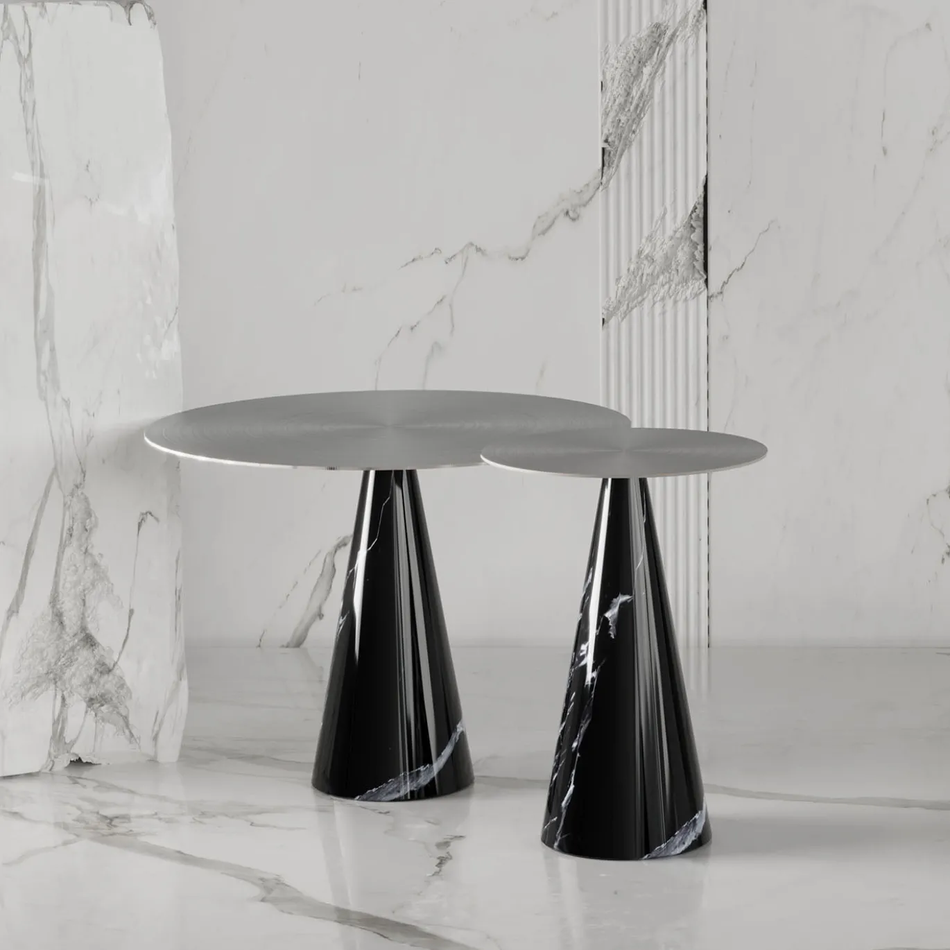 Tavolino Ed071 in marmo nero e metallo argento