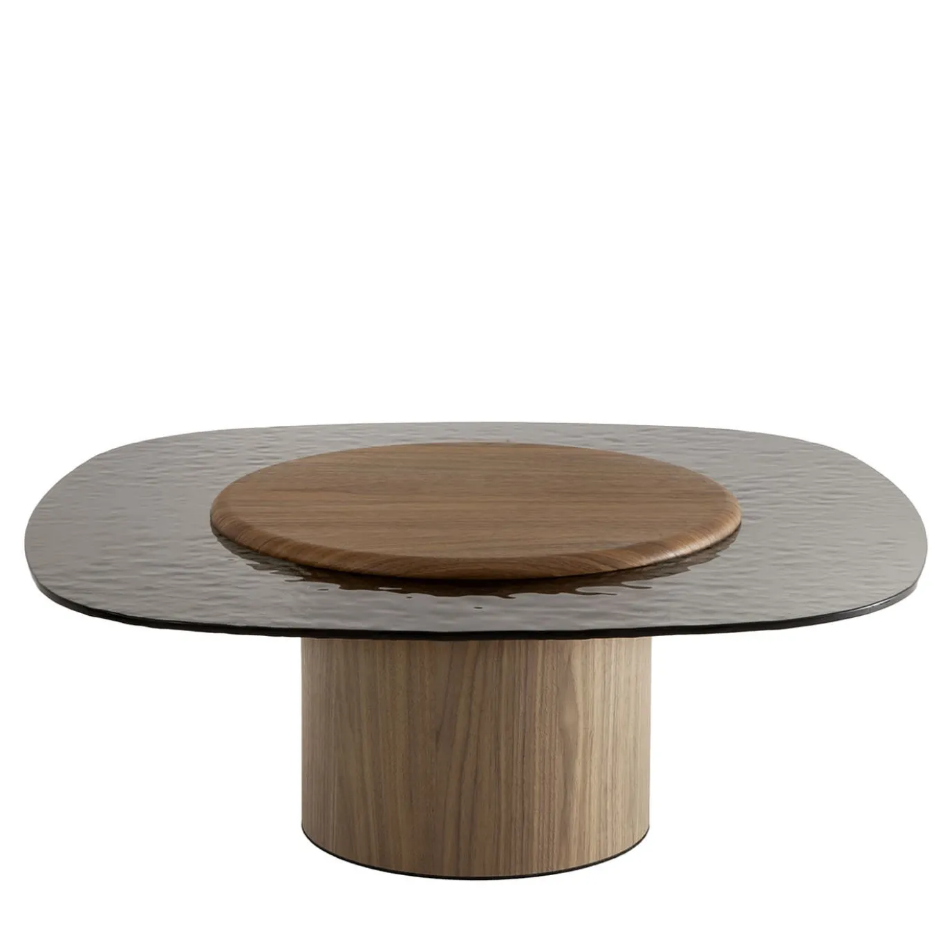 Tavolino Egg Alto con base e piano in noce canaletto + vetro