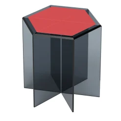 Tavolino Frank 3 in vetro grigio fumé e pelle rossa