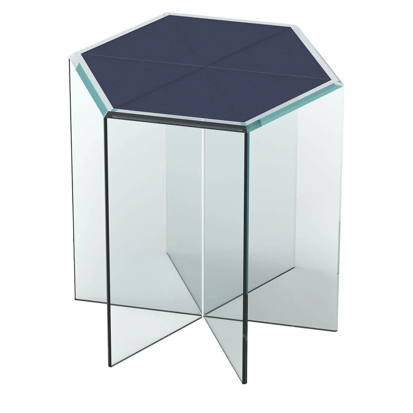 Tavolino Frank 3 in vetro trasparente e pelle blu di Prussia