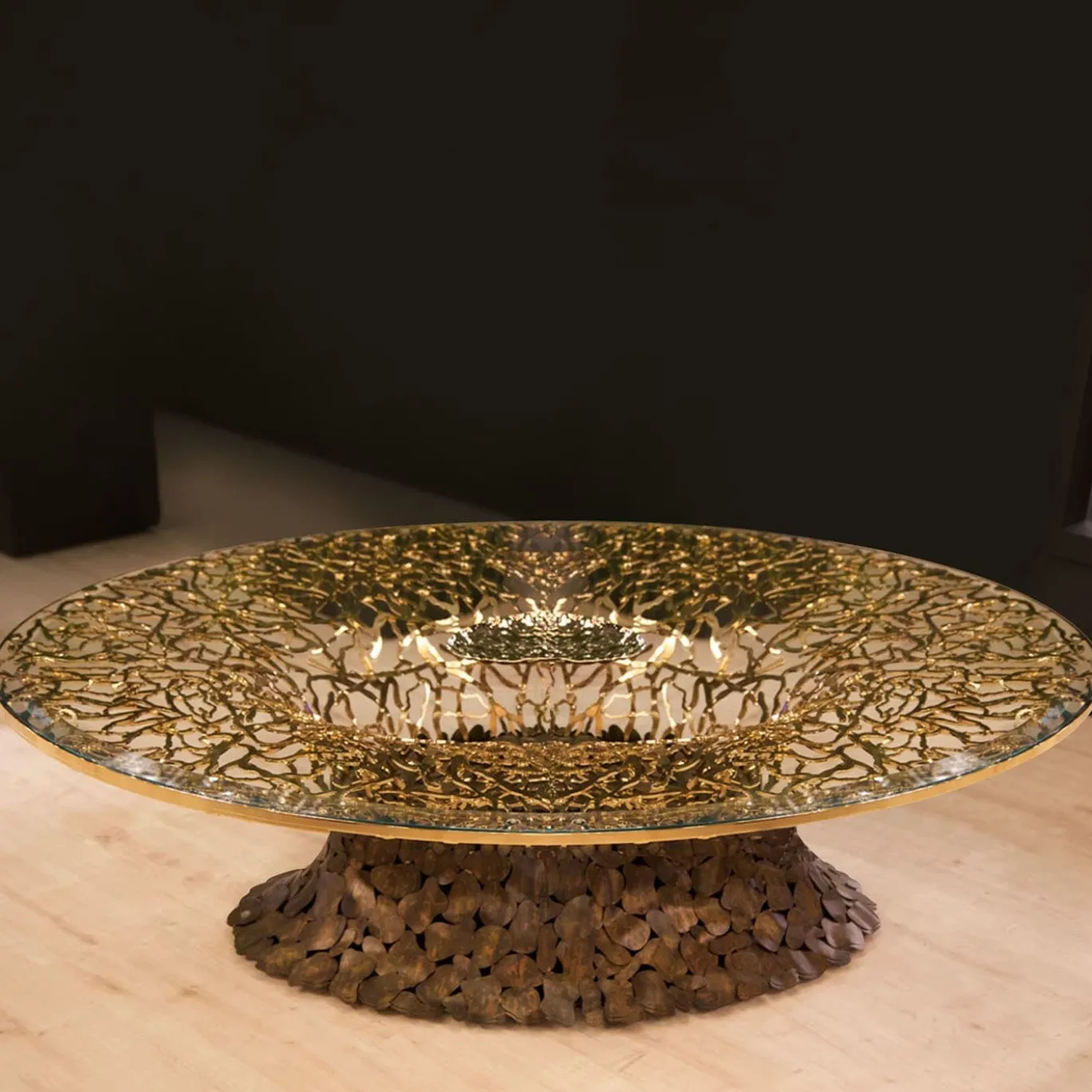 Tavolino Goldenart in vetro e metallo dorato