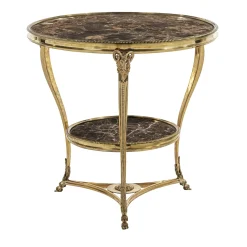 Tavolino Gueridon rotondo in ottone con piano in marmo