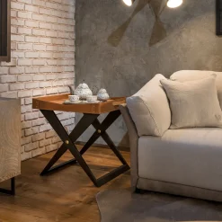 Tavolino Kaki in legno e cuoio