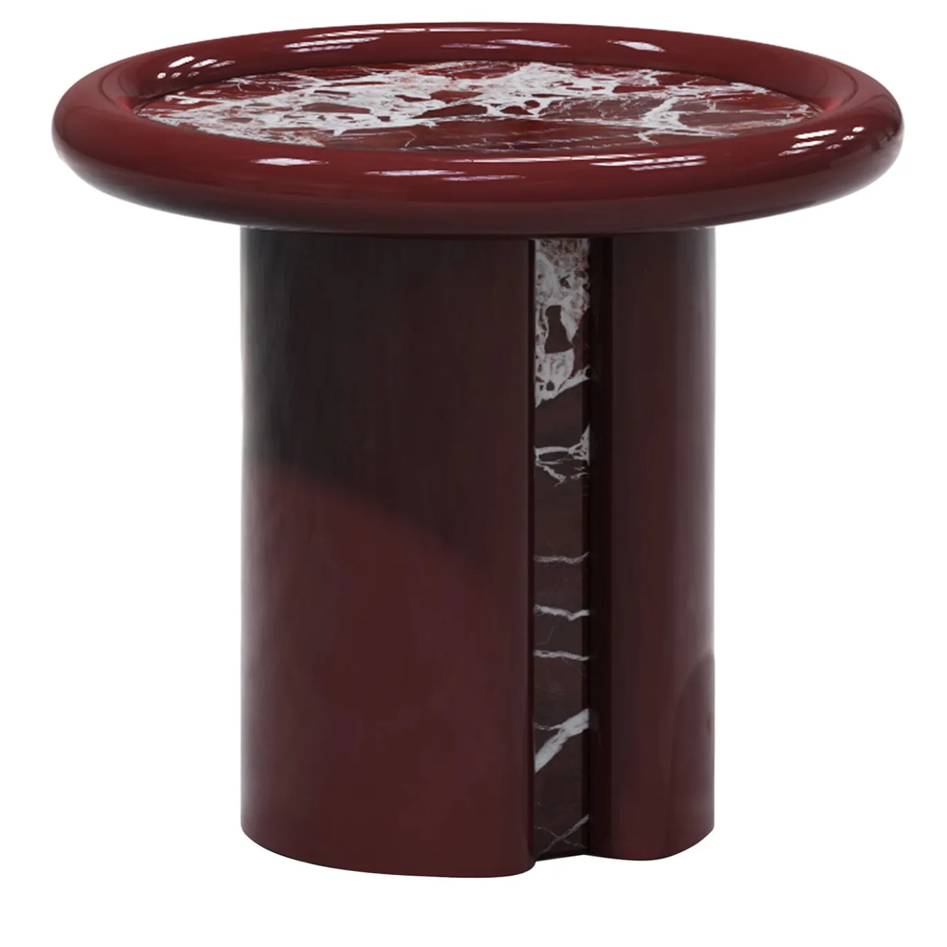 Tavolino Moonrise in Marmo Rosso Levanto e Legno Lucido Bordeaux di Artefatto Design Studio