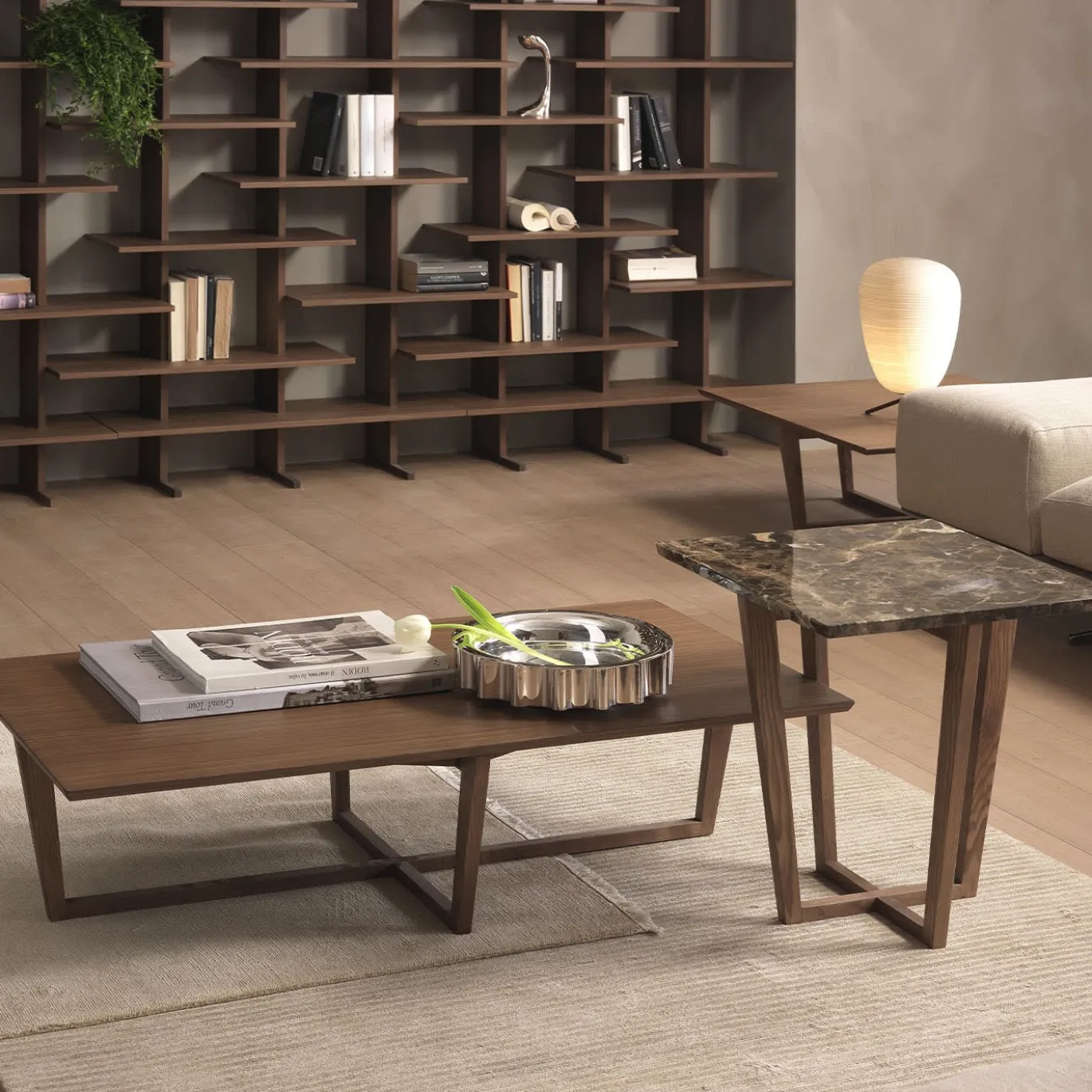 Tavolino rettangolare City con piano in legno di frassino di Fabio Rebosio