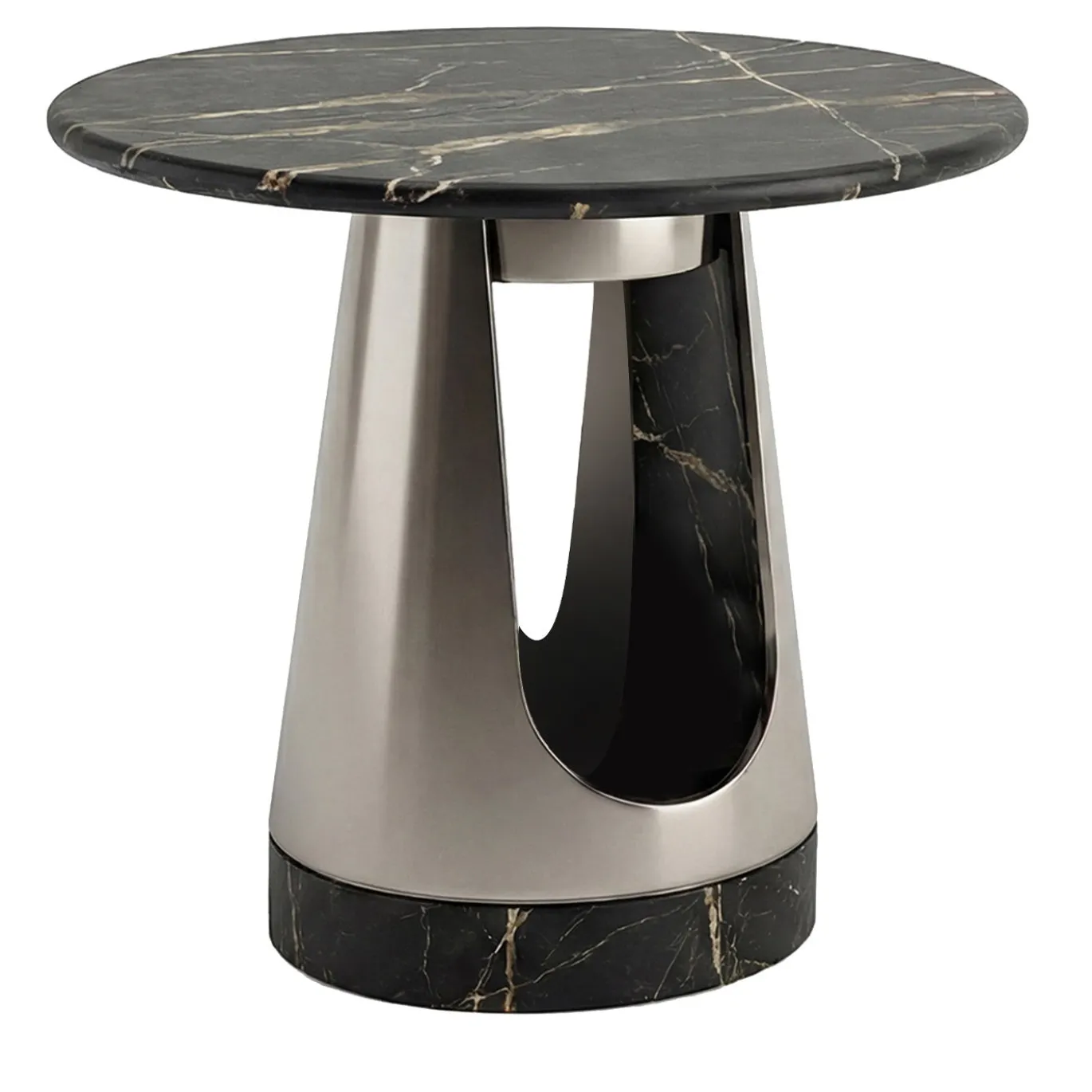 Tavolino rotondo Aura alto in marmo nero Marquina e acciaio
