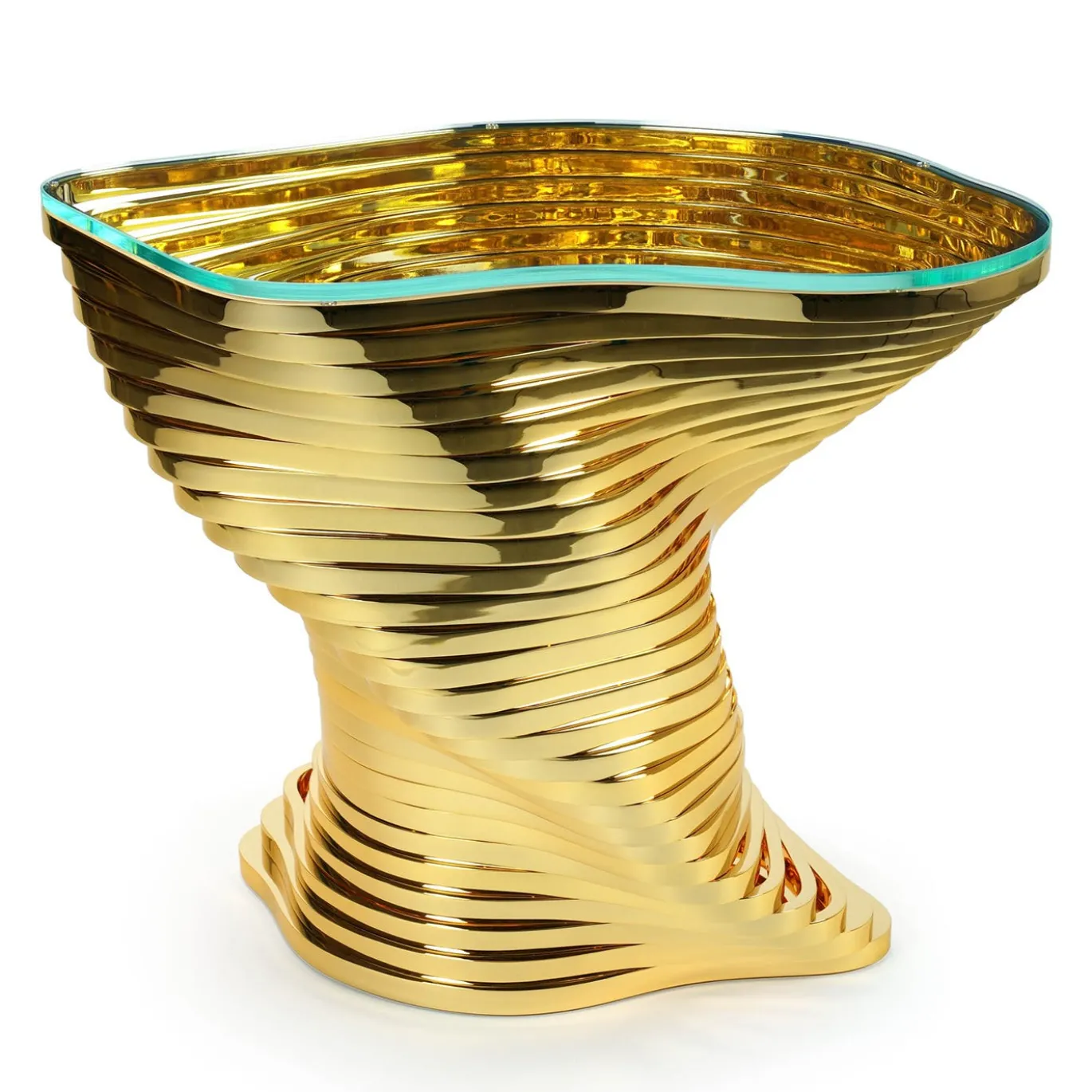 Tavolino scultoreo Vertigo in acciaio inossidabile placcato in oro 24K
