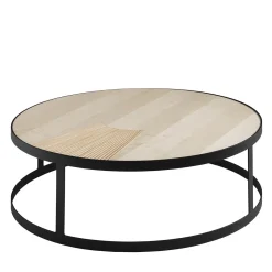 Tavolo Basso Bea con Struttura in Ferro Top in Legno con Inserti in Rattan