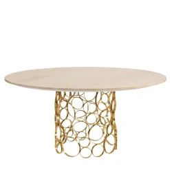 TAVOLO DA PRANZO ASTRO CON BASE IN OTTONE NATURALE E PIANO IN MARMO TRAVERTINO - FLAIR EDITION MADE BY NSL
