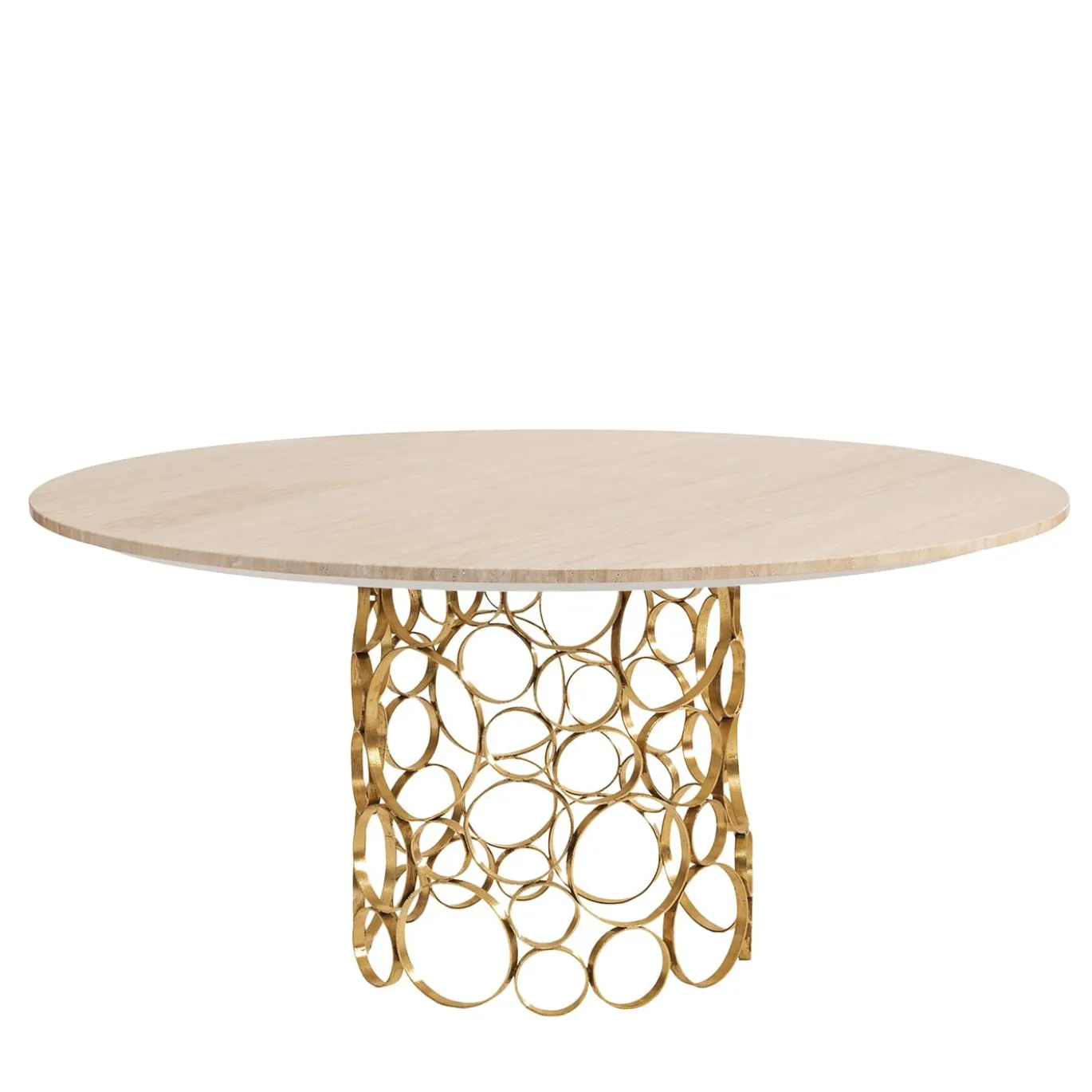 TAVOLO DA PRANZO ASTRO CON BASE IN OTTONE NATURALE E PIANO IN MARMO TRAVERTINO - FLAIR EDITION MADE BY NSL