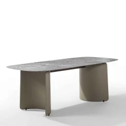 Tavolo da pranzo Butterfly con base in pelle e top in gres porcellanato