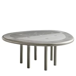Tavolo da pranzo in metallo intarsiato con gocce d'argento e legno grigio