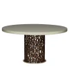 Tavolo da pranzo New Moon con piano rotondo in matt naturale e base rotonda in bronzo