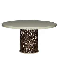 Tavolo da pranzo New Moon con piano rotondo in matt naturale e base rotonda in bronzo